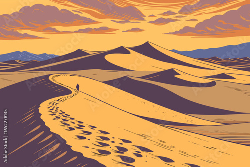 Desert landscape illustration with sand dunes and footprints art print travel adventure concept design