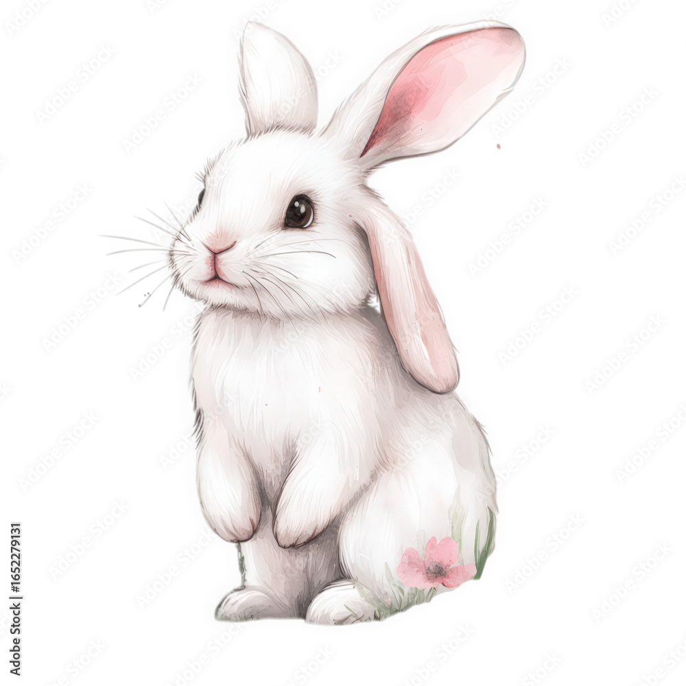 Fototapeta premium Side profile of a cute white bunny rabbit with pink flowers, isolated on transparent background