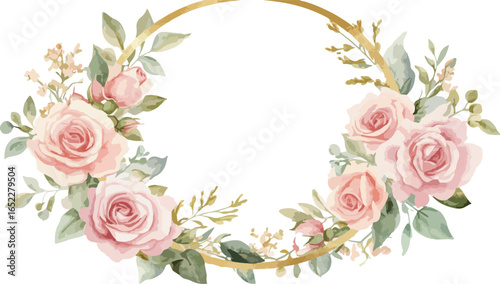 Elegant oval wreath of soft pink roses and greenery with gold accents