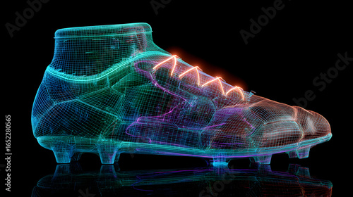 A digital rendering of a soccer cleat with a wireframe design and colorful glowing lights on black