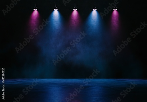 Dark Stage With Pink And Blue Spotlights And Foglighting