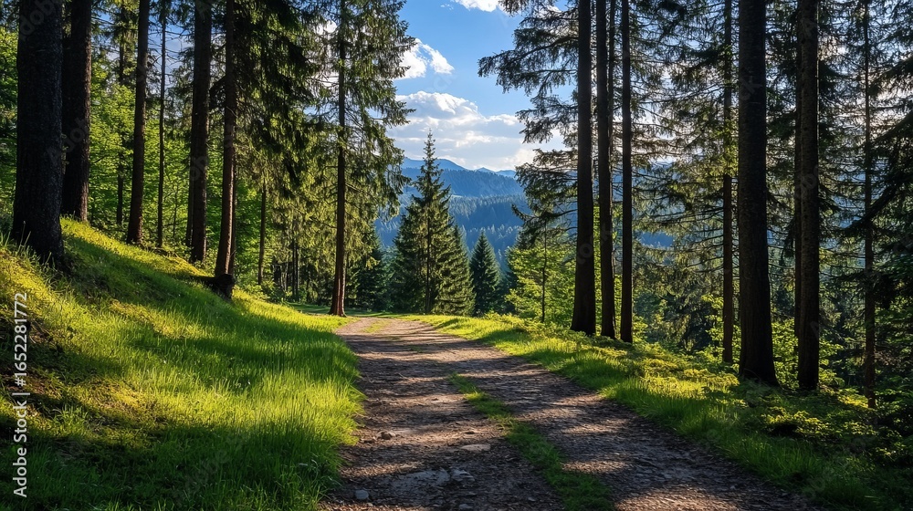 Obraz premium Sunny forest path winding through tall trees to a distant mountain range