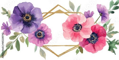 Elegant watercolor anemone flowers adorning a golden geometric frame with greenery