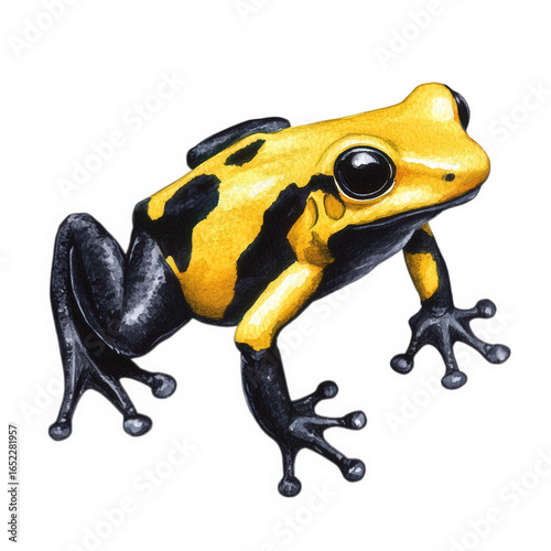 Watercolor painting of a yellow and black poison dart frog isolated on transparent background