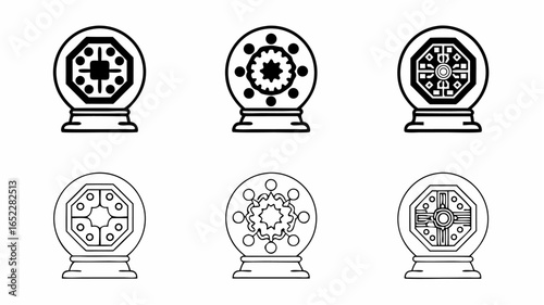 Collection of six decorative egg shaped objects with intricate designs in black and white line art style |  editable eps vectors silhouette