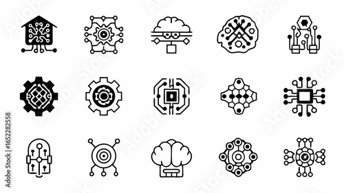 Collection of fifteen black and white technology icons depicting artificial intelligence and circuitry designs |  editable eps vectors silhouette