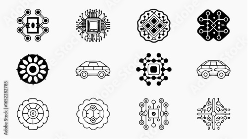 A collection of twelve outlined designs featuring abstract shapes cars and circuit board like elements neatly arrayed |  editable eps vectors silhouette