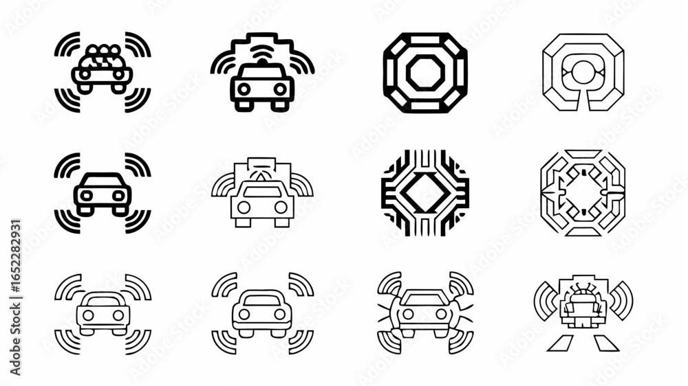 Fototapeta premium Illustration showing a collection of self driving cars and geometric shapes in black and white style | editable eps vectors silhouette