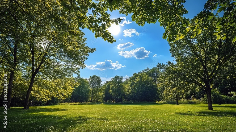 Fototapeta premium Sunny park with lush greenery and blue sky