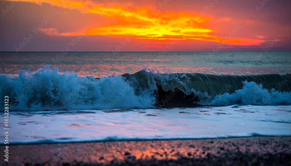 Fototapeta premium Ocean Wave at Sunset Dynamic Seascape with Fiery Sky Reflection