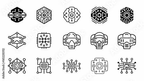 Illustration of various black and white futuristic technology icons including vr headsets and circuit boards |  editable eps vectors silhouette