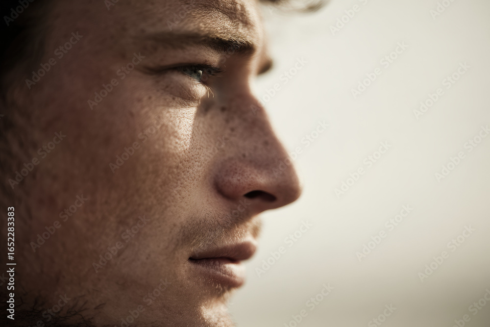 Obraz premium profile portrait of young man with flared nostrils captured during inhalation exuding sense of vitality