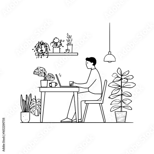Man working from home on laptop with plants freelance lifestyle remote work office desk and chair illustration