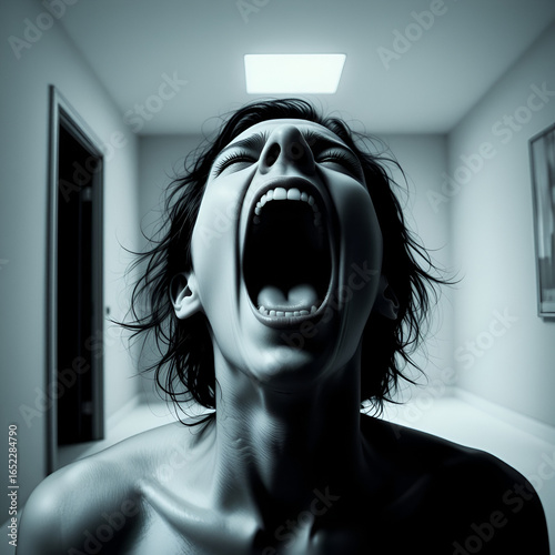 Echoes of the Silent Scream: A person's mouth open wide, echoing into an empty room.