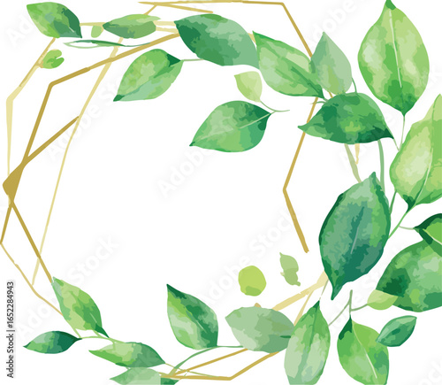 Elegant golden geometric frame adorned with lush green watercolor leaves and branches