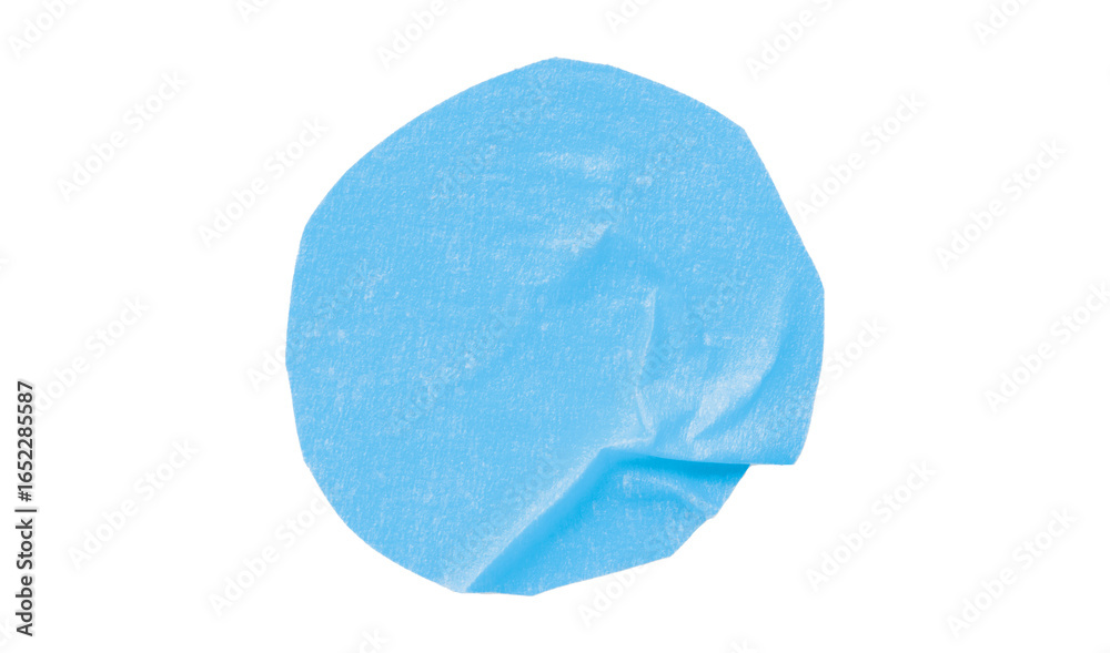 Fototapeta premium Light blue circle masking tape sticker with wrinkled edges, separate wrinkled round paper on transparent background.