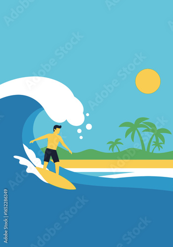 Surfer riding a wave on a sunny day with palm trees.