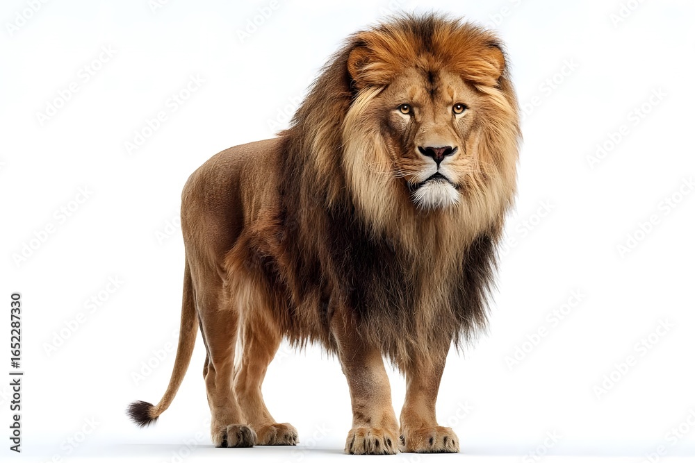 Obraz premium Majestic lion stands against white background.
