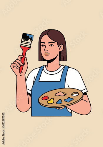 Woman holding paintbrush and palette with paints.