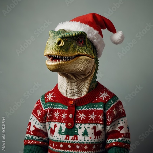Dinosaur in a red and white sweater with a Christmas hat on its head. Merry Christmas and New Year theme.