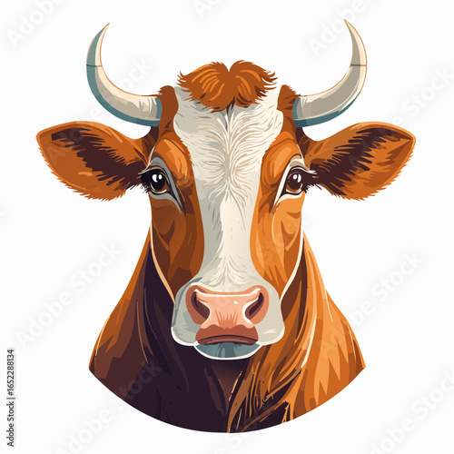 Head portrait of a brown and white cow with big horns and a black nose, domestic farm cattle animal