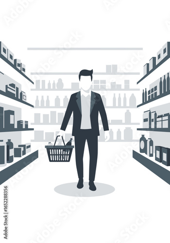 Man with shopping basket in aisle of store with shelves.
