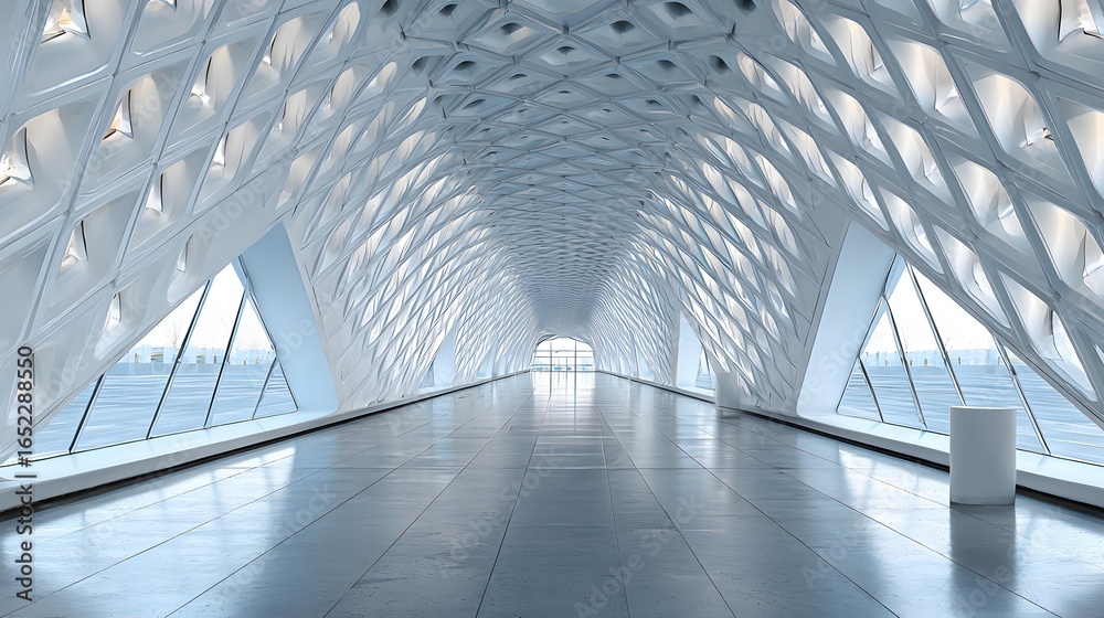 Obraz premium Empty modern architectural hallway with large windows.