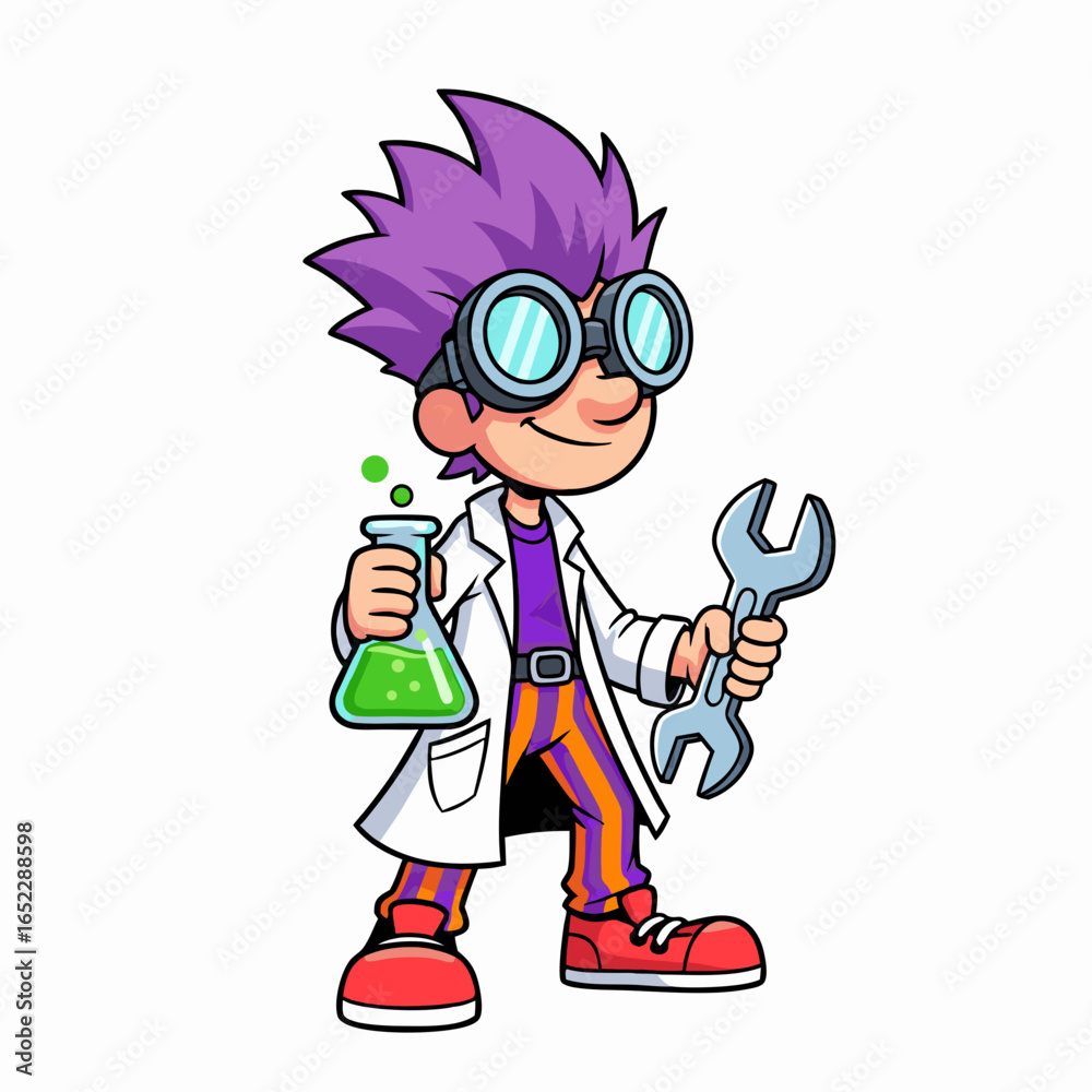 Obraz premium Funny cartoon scientist with potion and wrench, science experiment character