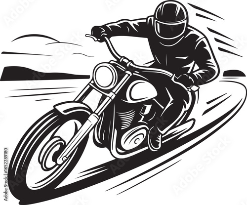 Motorbike Adventure Hand-Drawn Line Icons Rider, Cruiser, Helmet, Speed Trail, Leaning Turn, Biker Journey Symbols