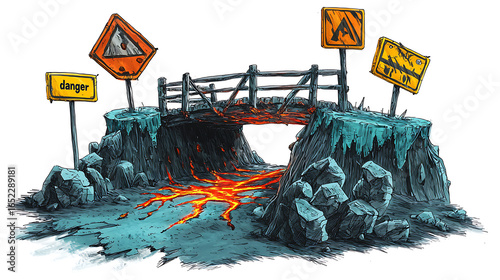 Illustration of a rickety bridge over a river of lava, with danger signs indicating hazardous conditions, a perilous crossing