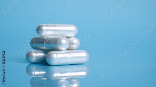 Stacked white capsules on a light blue surface.
