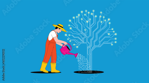 farmer watering digital tree symbolizing growth of artificial intelligence, data cultivation, and sustainable tech innovation
