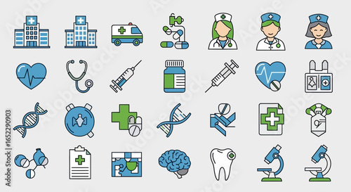 Set of colorful medical and science line icons. Healthcare, hospital, and pharmacy symbols for web and mobile app concepts.