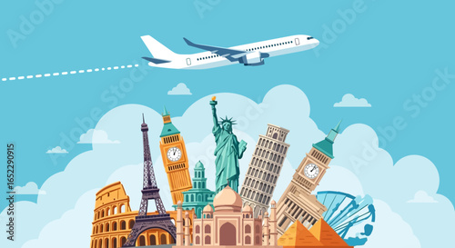 Global travel and tourism concept featuring an airplane flying over famous international landmarks and monuments.