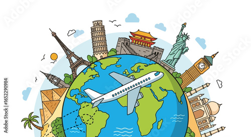 Global journey concept with an airplane flying around the world visiting famous international landmarks and monuments. Doodle travel illustration.