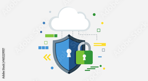 Flat design illustration representing cloud security, data protection, and online privacy with a shield and padlock icon