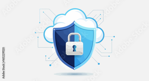 Cloud computing security concept showing a shield with a padlock protecting digital data. Cybersecurity and information privacy illustration.