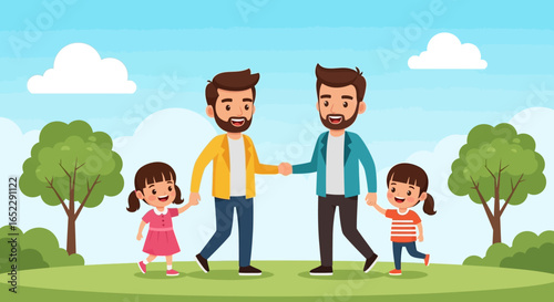 Happy Gay Couple with Children in a Park A Celebration of Family and Diversity