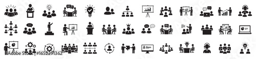 Business and Teamwork Vector Icon Set. Meeting, presentation, leadership, brainstorming, communication, discussion, chart, and corporate management symbols solid black silhouette collection.