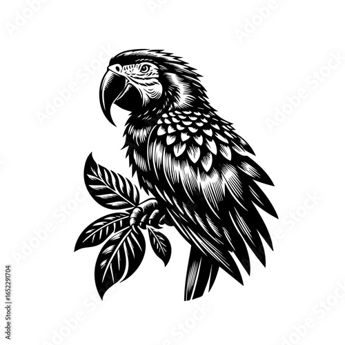 Illustration of a parrot isolated on white background in black and white
