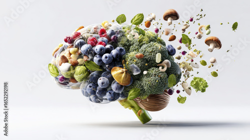 Healthy brain concept with fresh broccoli, blueberries, nuts, mushrooms, and herbs flying in dynamic motion, symbolizing nutrition and mental wellness