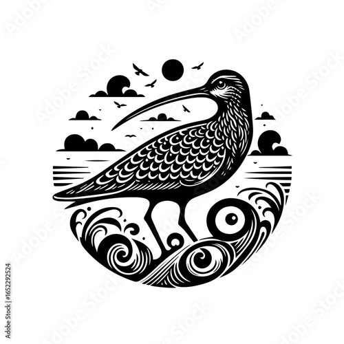 Illustration of a curlew isolated on white background, a wading bird