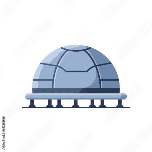 Futuristic metallic dome structure with blue tints and segmented panels on dark base, concept for science fiction architecture, sustainable habitat, and innovative construction
