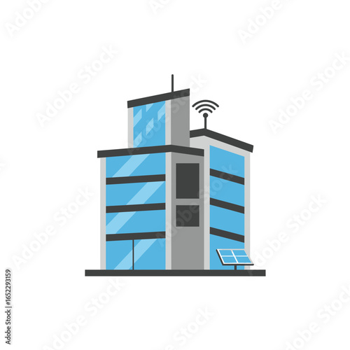 Modern two-story building illustration with solar panel and wifi antenna on top, concept for sustainable architecture, green energy solutions and environmental awareness