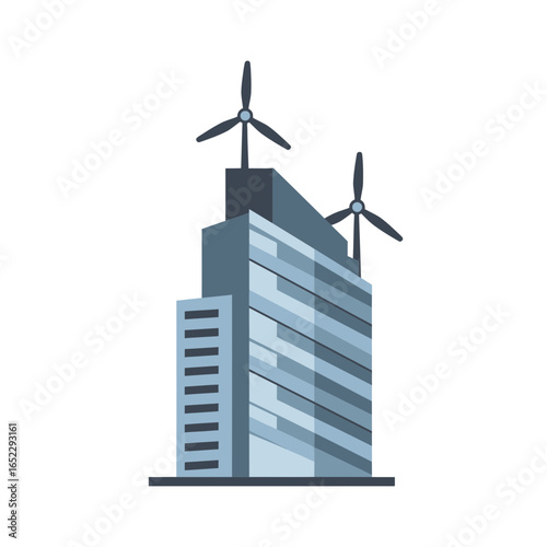 Modern skyscraper with wind turbines on the roof illustrating sustainable power source, concept for green energy, architectural design and eco-friendly development