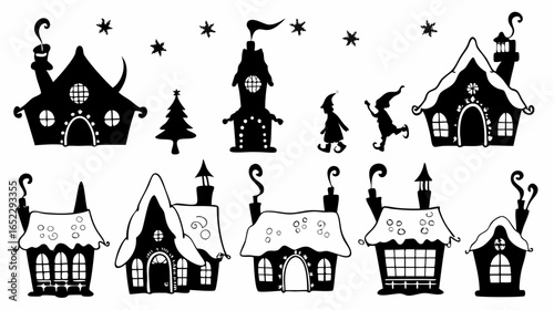 Silhouette illustration of winter holiday scene with houses elves and christmas tree elements in black and white