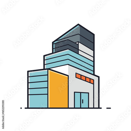 Modern minimal building illustration with blue glass facade and yellow accent detail, concept for real estate visualization, urban planning design and architectural presentation