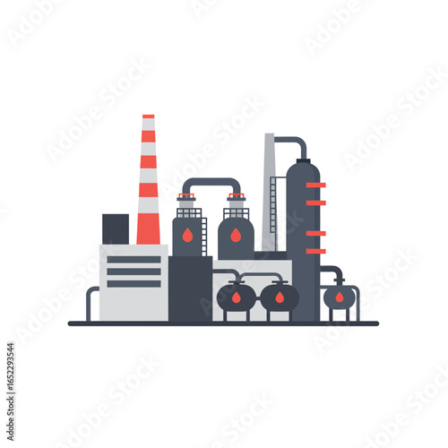 Minimalist illustration of an industrial oil refinery plant with tanks, chimney and pipeline, concept for energy production, petroleum industry and chemical processing