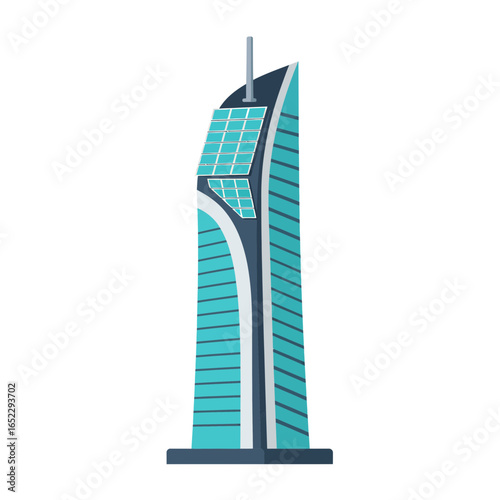 Futuristic teal building with solar panels and unique design, concept for sustainable architecture, renewable energy and urban development