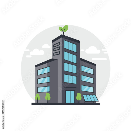 Modern gray building with solar panels and green sprout on top, surrounded by a circle with clouds. concept for eco-friendly architecture, sustainable development and renewable energy source